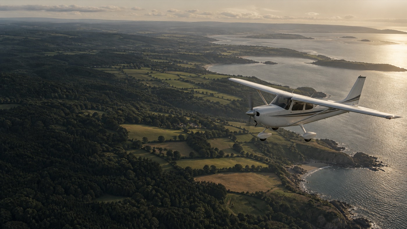 Single-engine touring aircraft in flight above the coastline